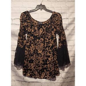 Joseph Ribkoff Womens 10 Velvet Burnout Tunic Top Black Tan Bell Lace Sleeves